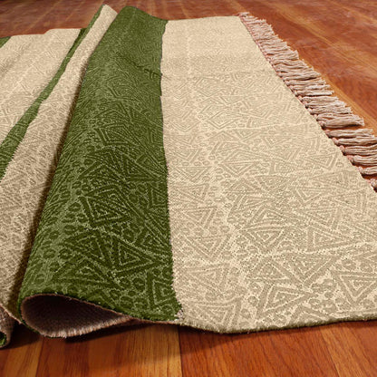 Hallway Hand Block Print Work Green Beige Striped Cotton Dhuree - Indian Rug Store