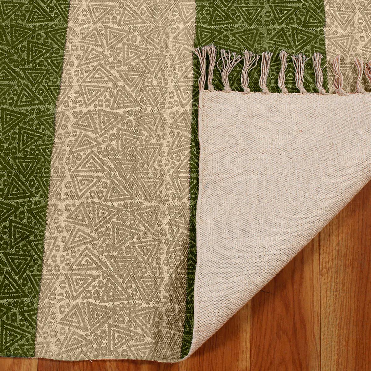 Hallway Hand Block Print Work Green Beige Striped Cotton Dhuree - Indian Rug Store