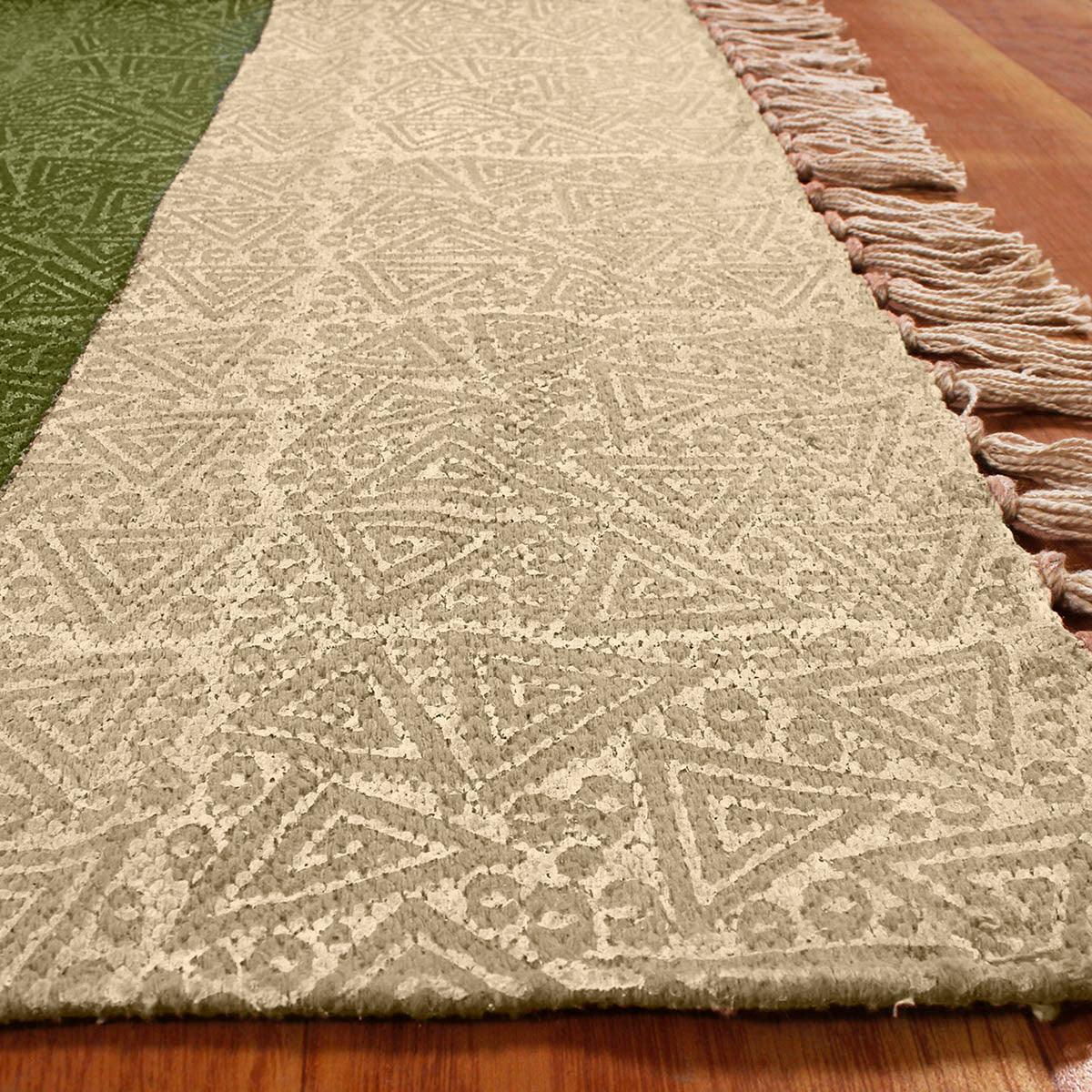 Hallway Hand Block Print Work Green Beige Striped Cotton Dhuree - Indian Rug Store