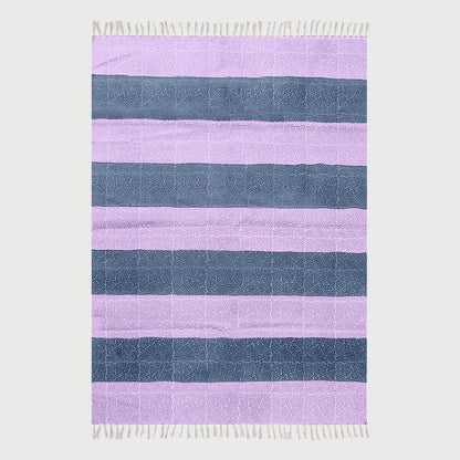 Hallway Hand Block Print Work Purple Blue Striped Cotton Dhuree - Indian Rug Store