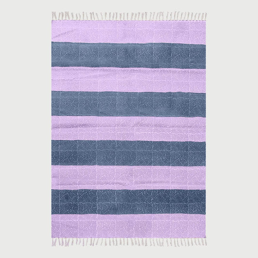 Hallway Hand Block Print Work Purple Blue Striped Cotton Dhuree - Indian Rug Store