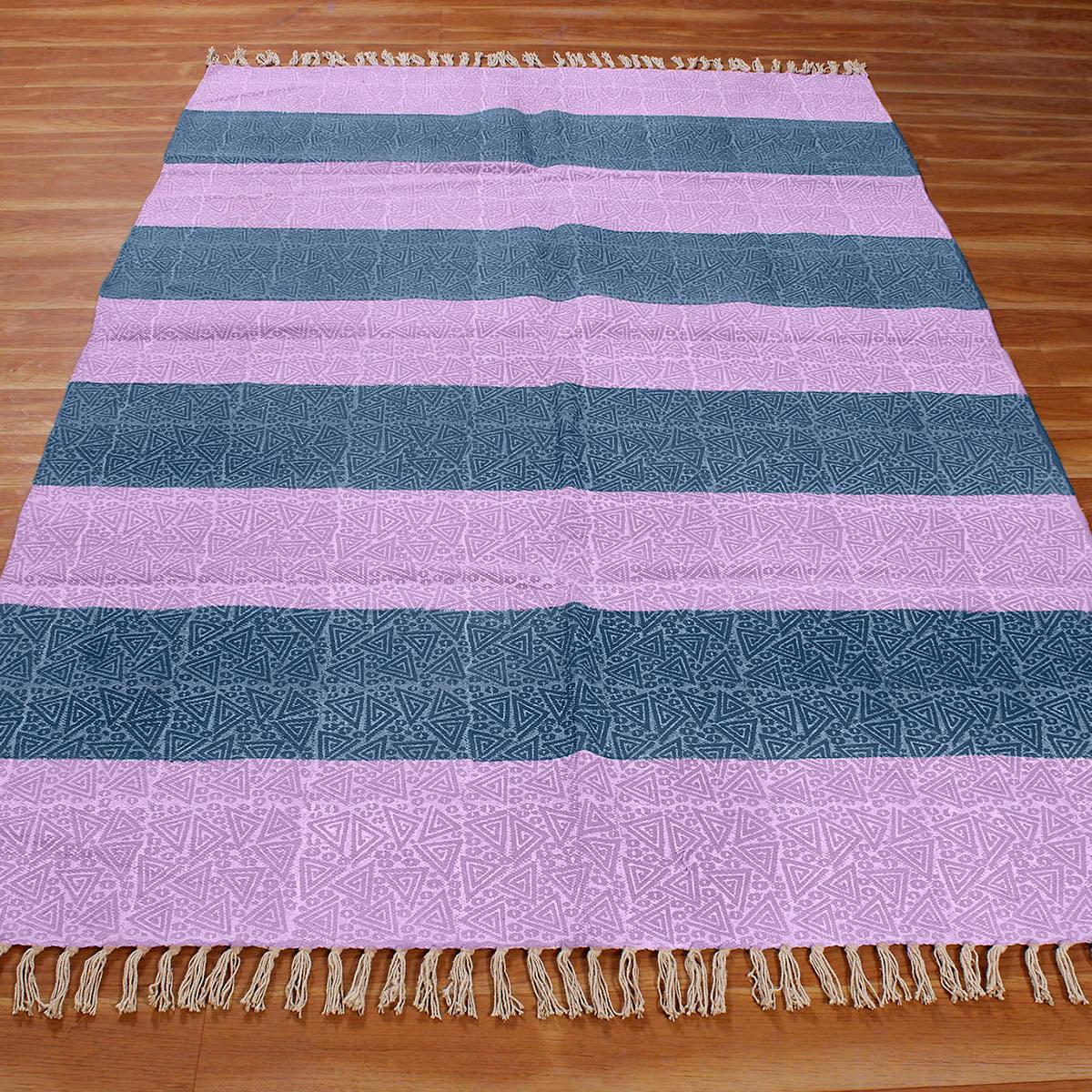 Hallway Hand Block Print Work Purple Blue Striped Cotton Dhuree - Indian Rug Store