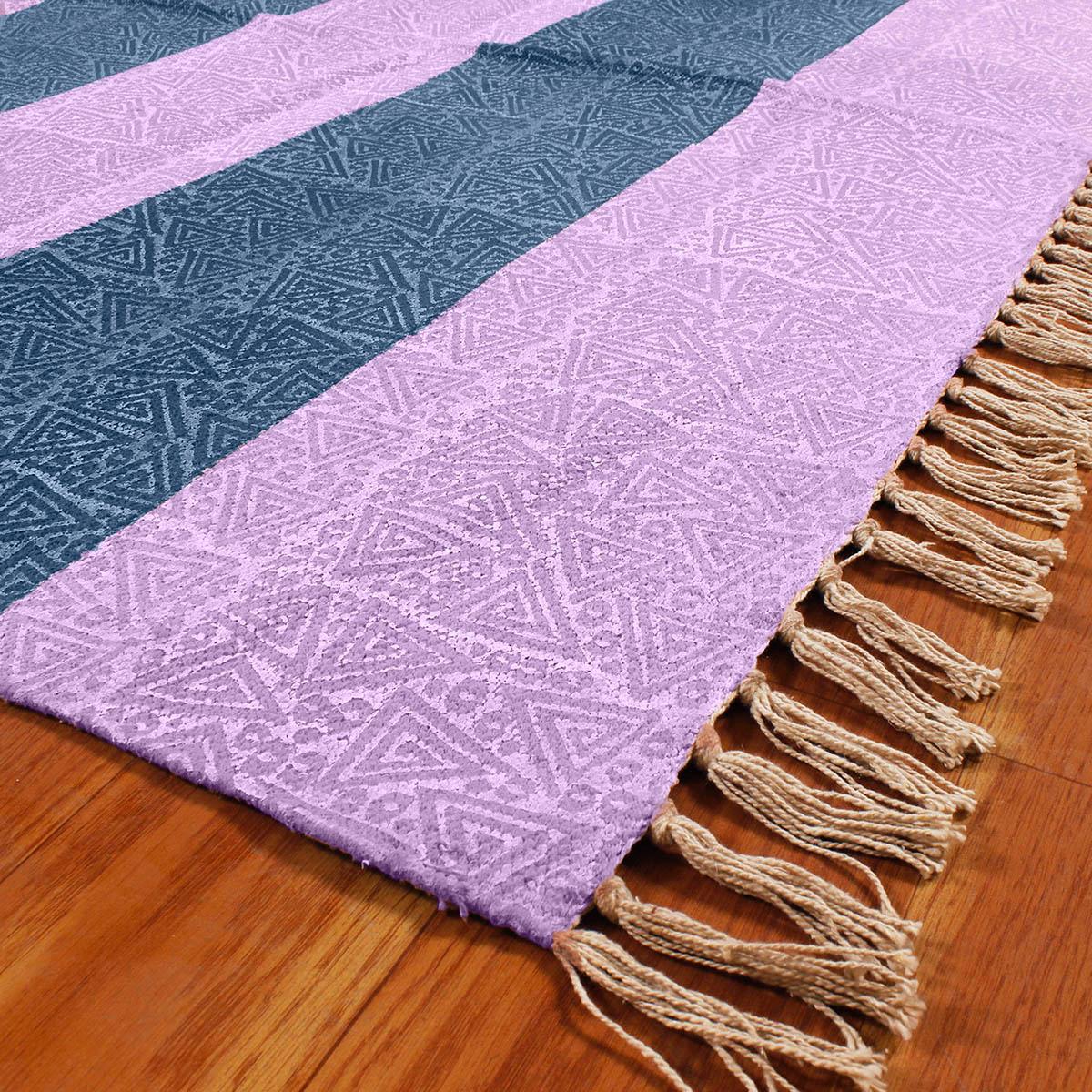 Hallway Hand Block Print Work Purple Blue Striped Cotton Dhuree - Indian Rug Store