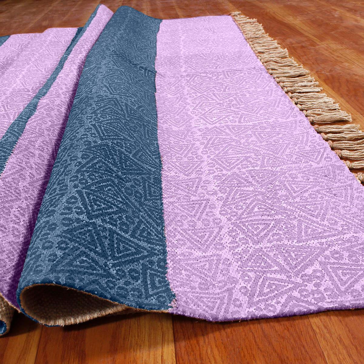 Hallway Hand Block Print Work Purple Blue Striped Cotton Dhuree - Indian Rug Store