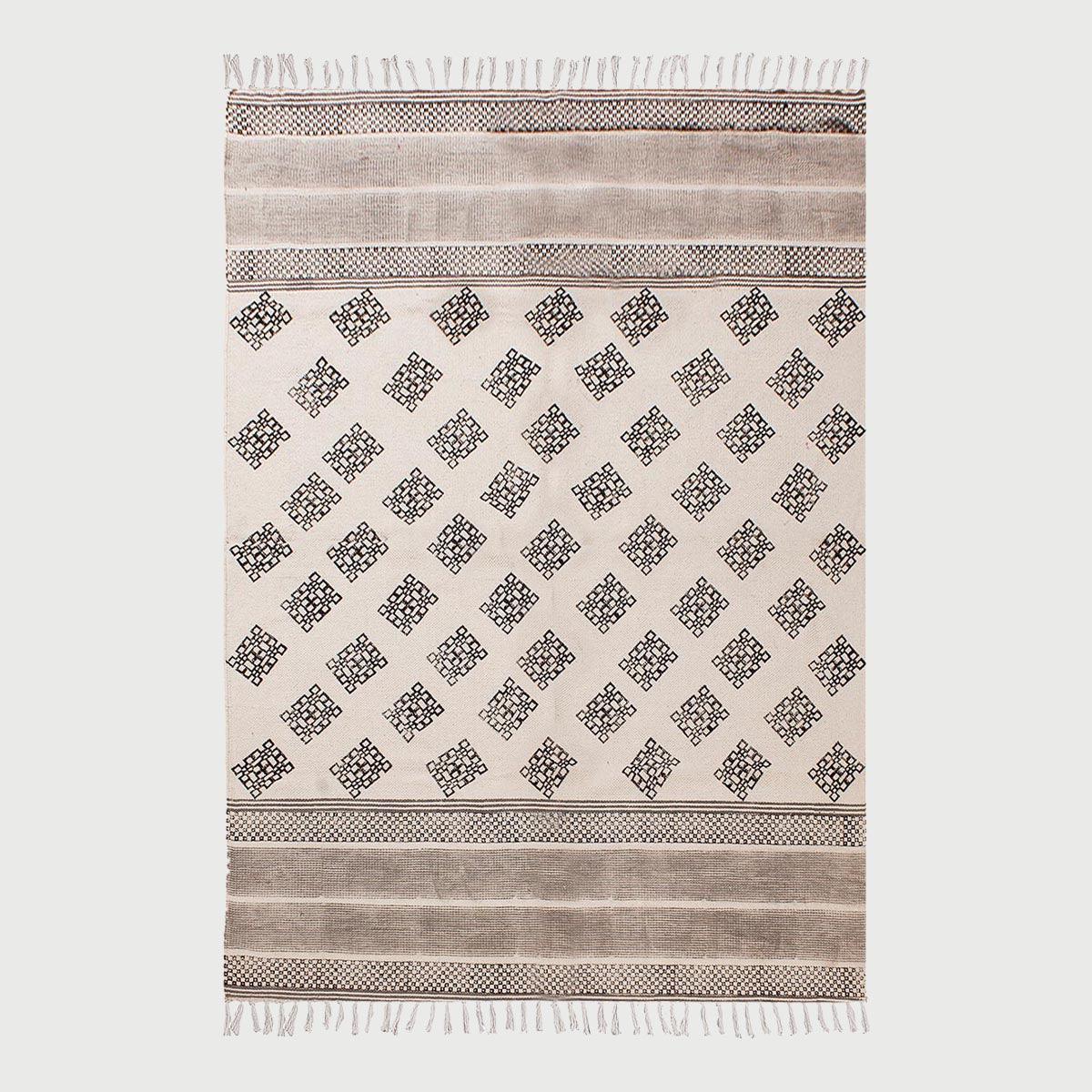 Moroccan Hand Block Print Work Gray Beige Striped Cotton Dhuree - Indian Rug Store