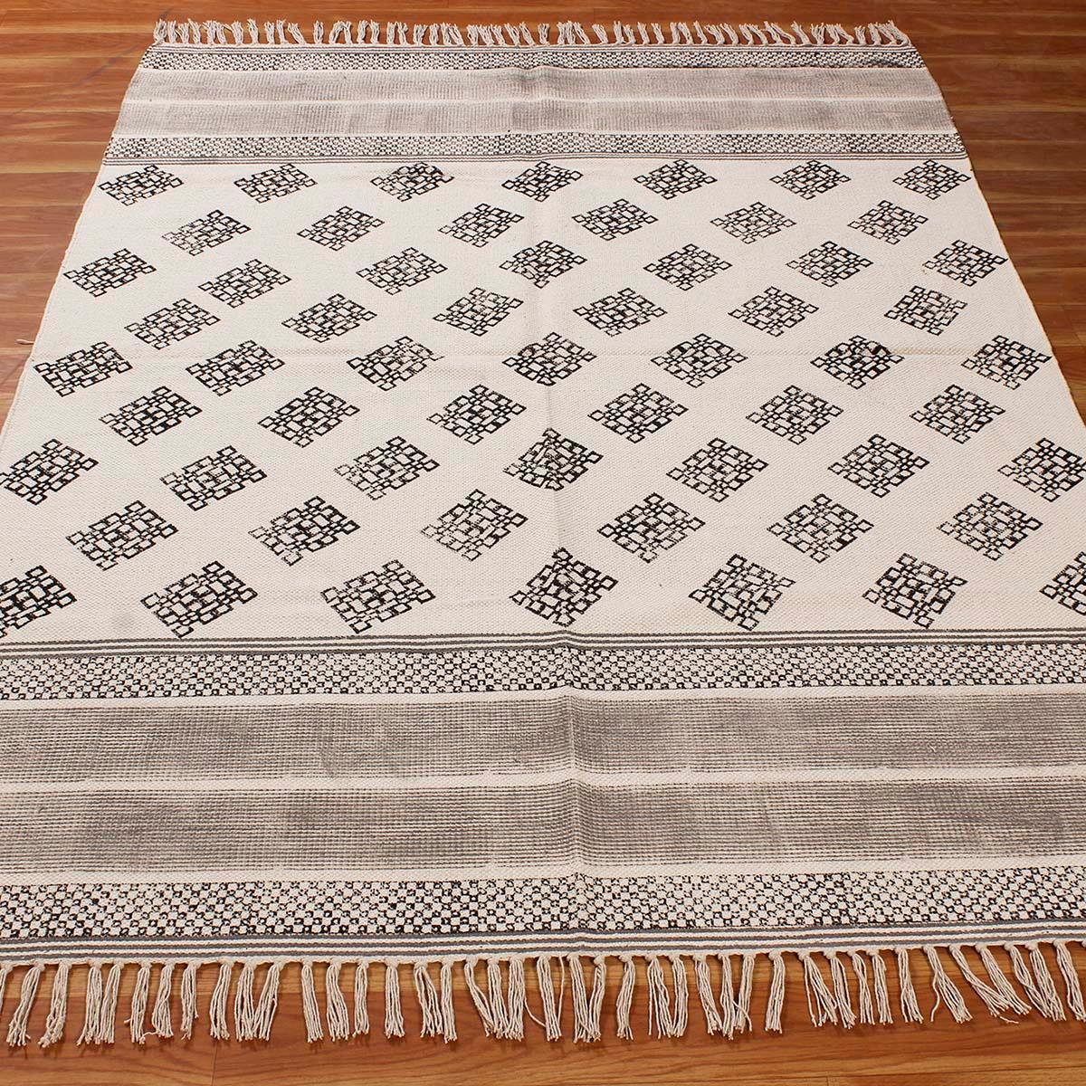 Moroccan Hand Block Print Work Gray Beige Striped Cotton Dhuree - Indian Rug Store