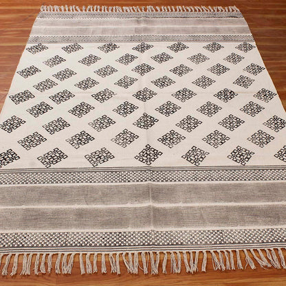 Moroccan Hand Block Print Work Gray Beige Striped Cotton Dhuree - Indian Rug Store