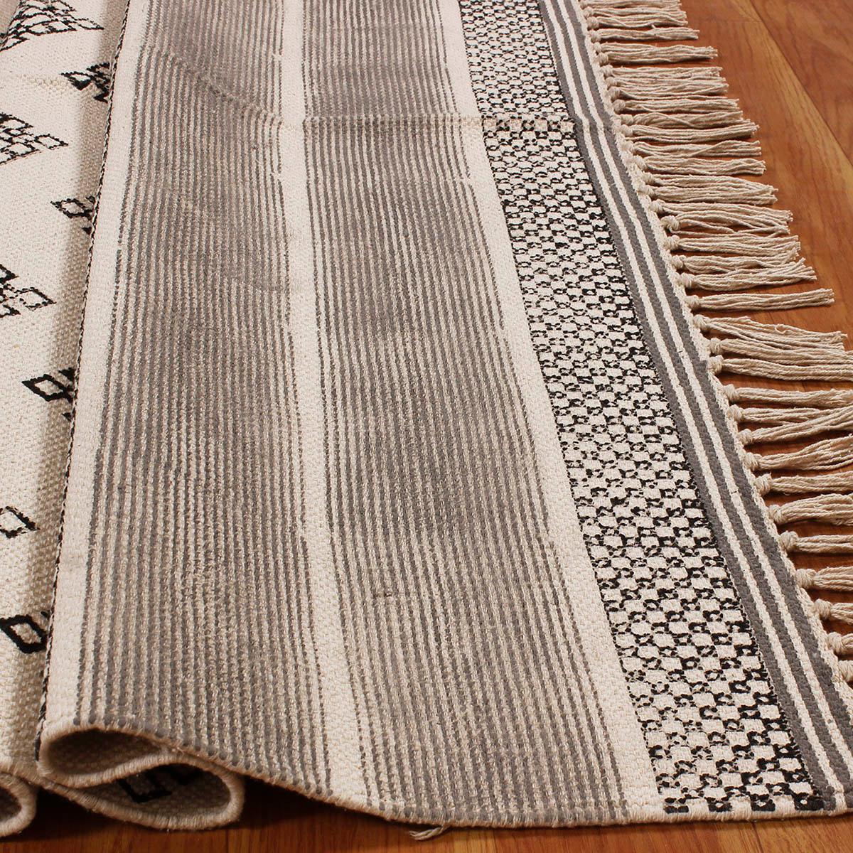 Moroccan Hand Block Print Work Gray Beige Striped Cotton Dhuree - Indian Rug Store