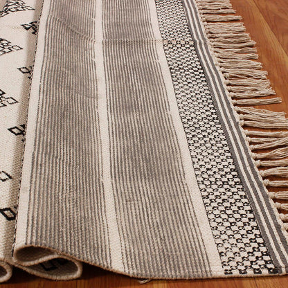 Moroccan Hand Block Print Work Gray Beige Striped Cotton Dhuree - Indian Rug Store