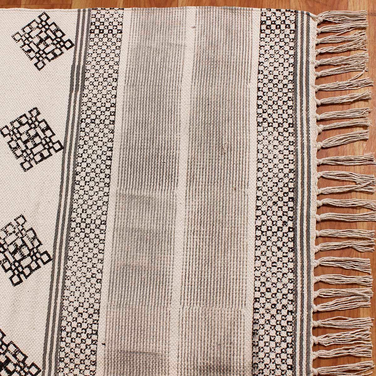 Moroccan Hand Block Print Work Gray Beige Striped Cotton Dhuree - Indian Rug Store