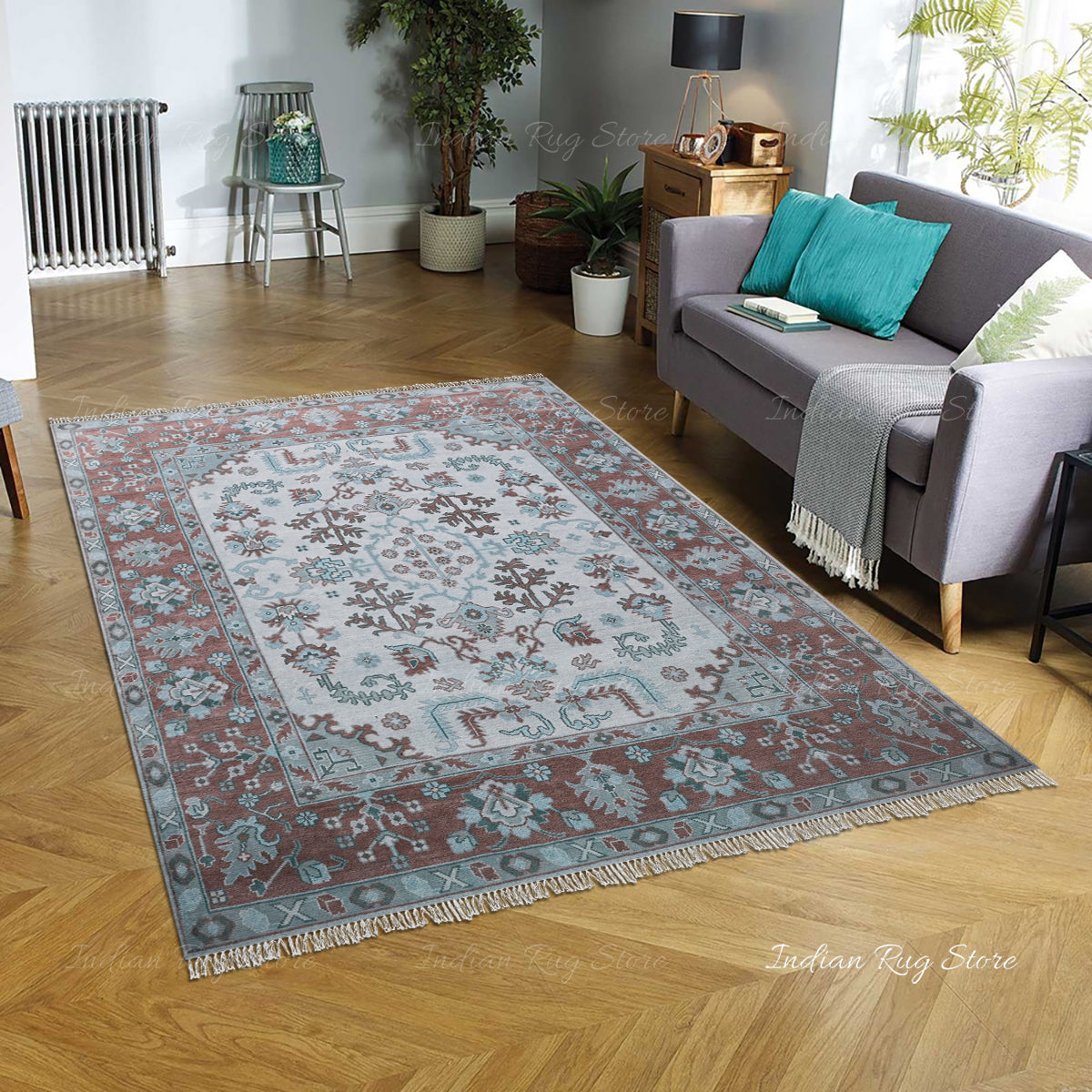 A refined living room with a soft Oushak rug