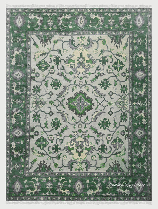 Hand Knotted Green Wool Rug