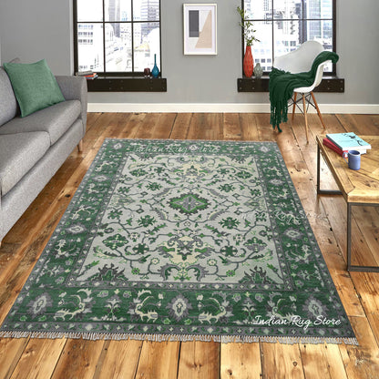 Hand Knotted Green Wool Rug