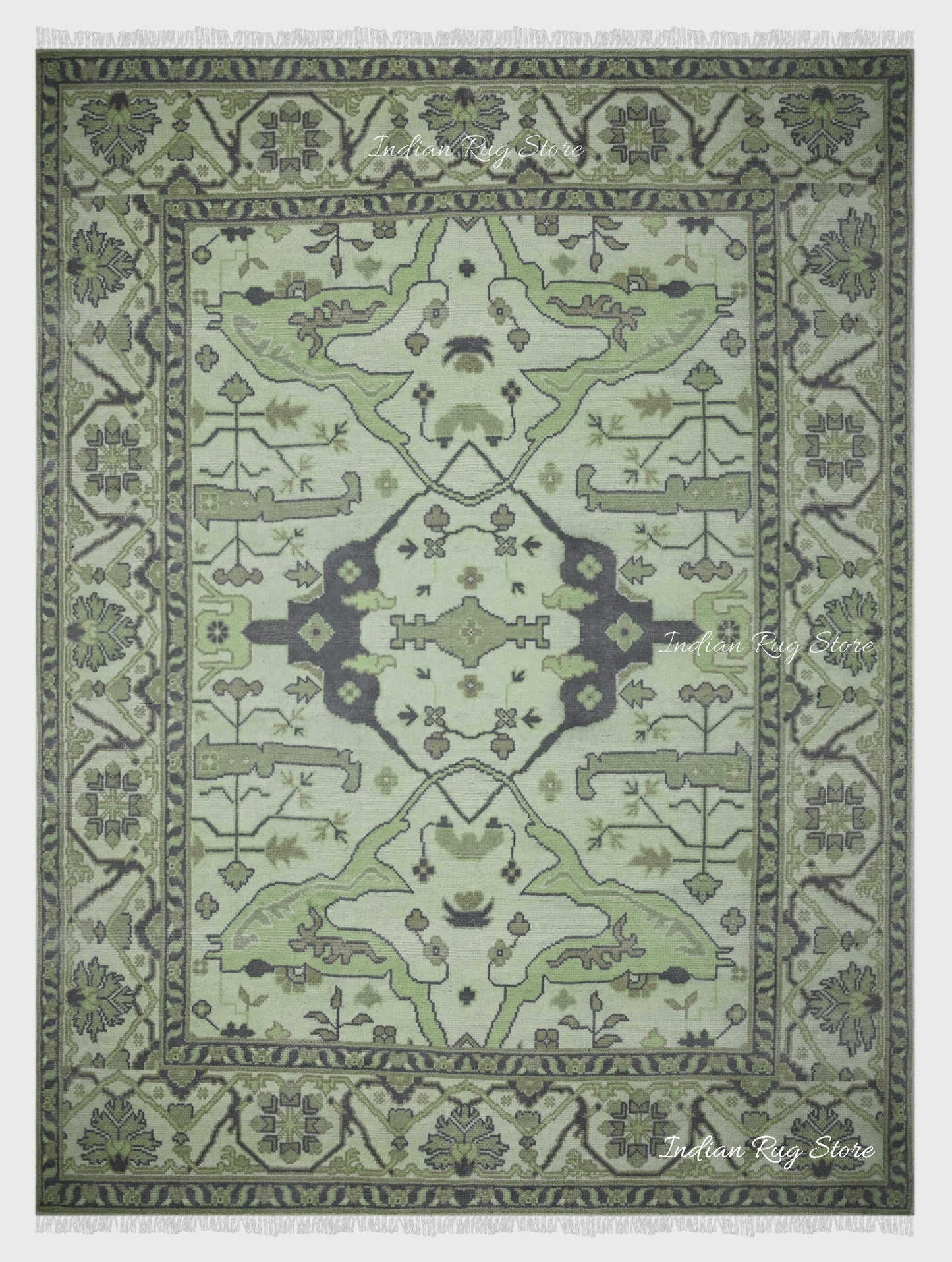 Multicolor Traditional Turkish Green Wool Kitchen Rug