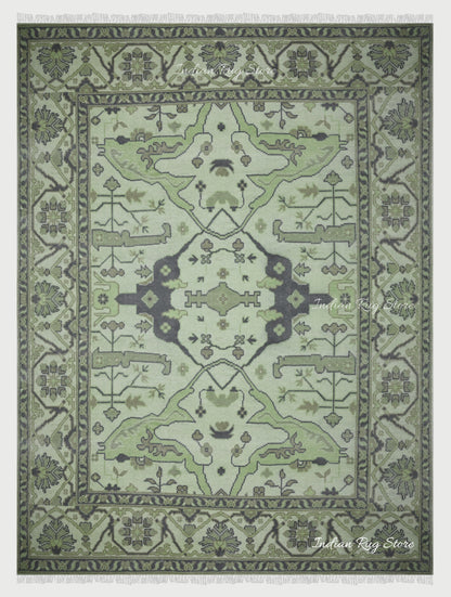 Multicolor Traditional Turkish Green Wool Kitchen Rug