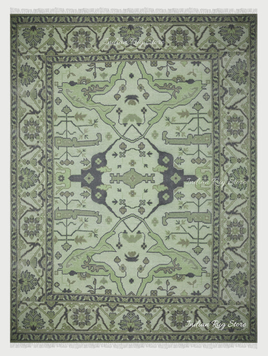 Multicolor Traditional Turkish Green Wool Kitchen Rug