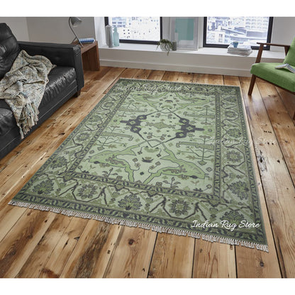 Multicolor Traditional Turkish Green Wool Kitchen Rug