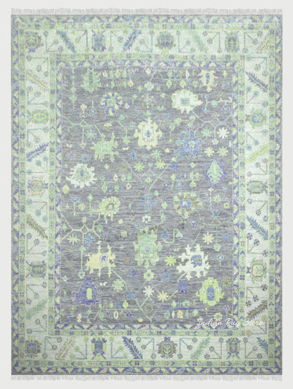 Green Hand Knotted Multicolor Wool Dining Room Rug