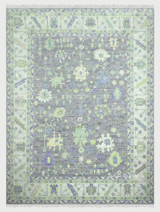 Green Hand Knotted Multicolor Wool Dining Room Rug