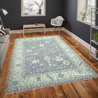 Green Hand Knotted Multicolor Wool Dining Room Rug