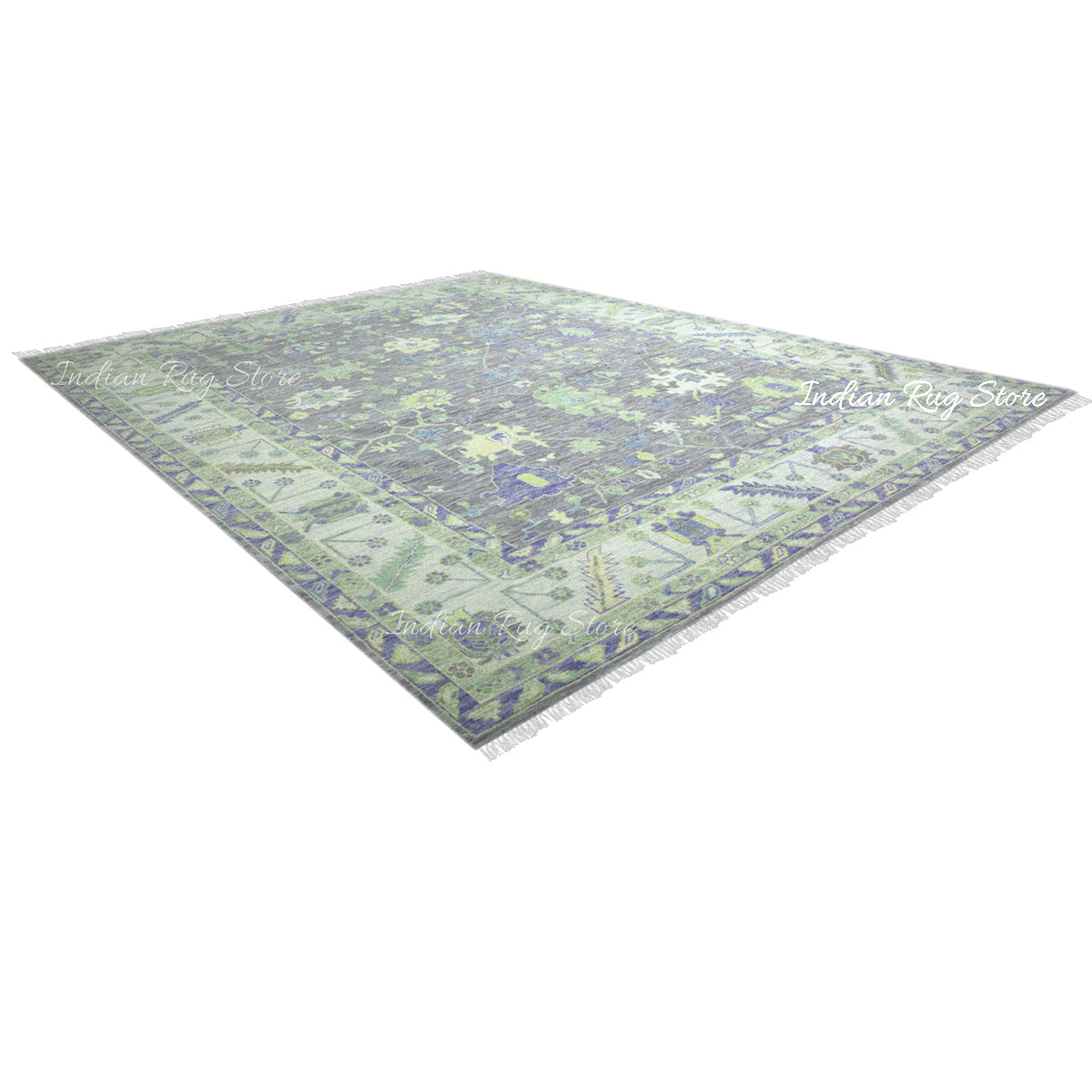 Green Hand Knotted Multicolor Wool Dining Room Rug