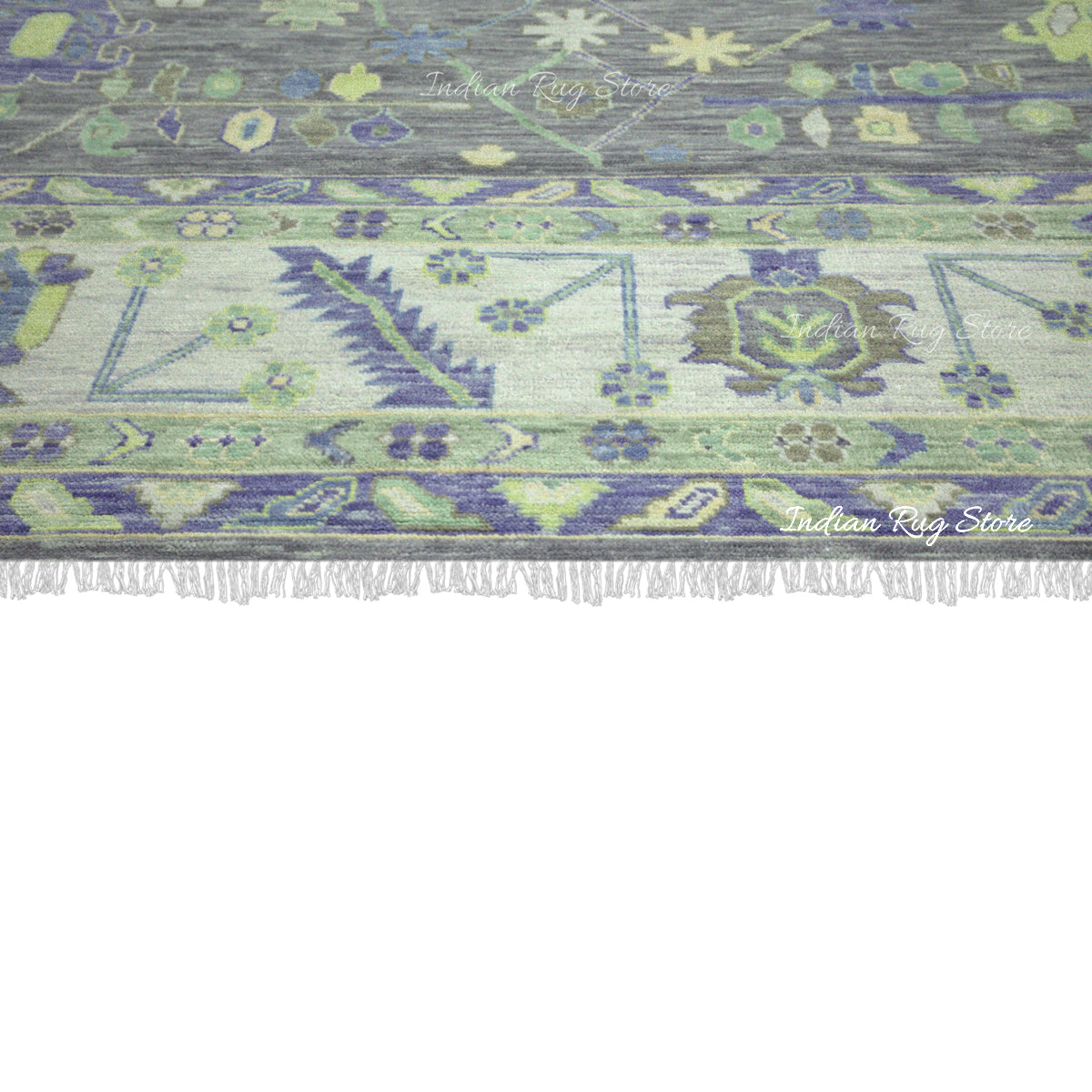 Green Hand Knotted Multicolor Wool Dining Room Rug