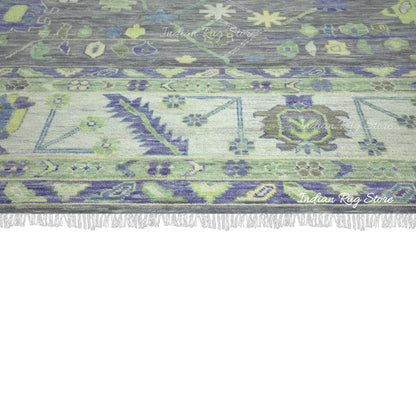 Green Hand Knotted Multicolor Wool Dining Room Rug