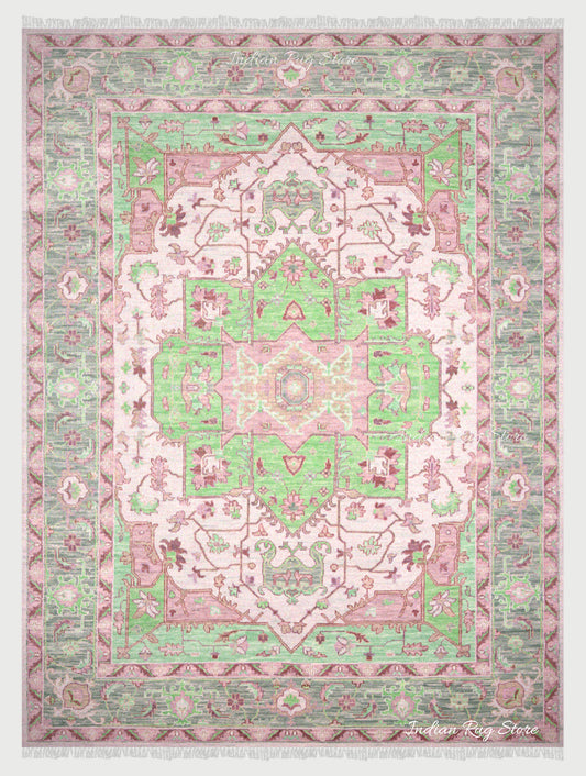 Living Room Hand Knotted wool Green And Pink Multicolor Area Rug