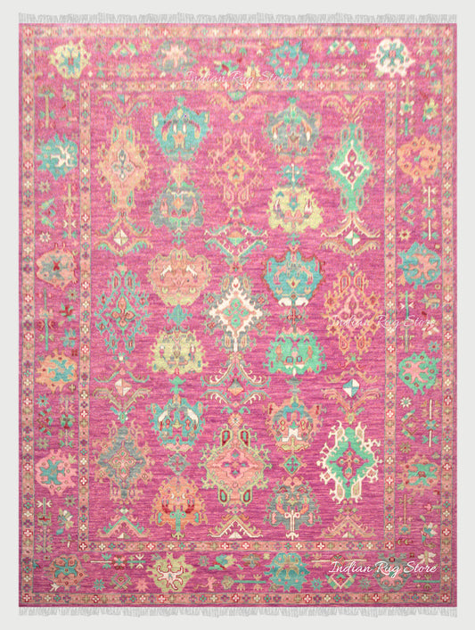 Solid Pink Indian Hand Knotted Wool Oushak Bedroom Rug