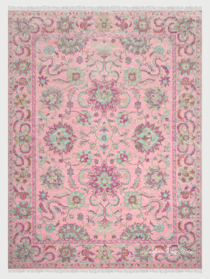 Entryway Patio Hand Knotted Turkish Wool Pink Rug