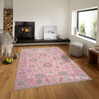 Entryway Patio Hand Knotted Turkish Wool Pink Rug