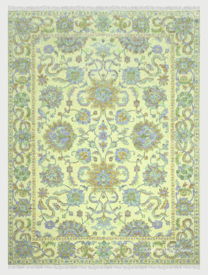 Entryway Patio Hand Knotted Turkish Wool Green Rug