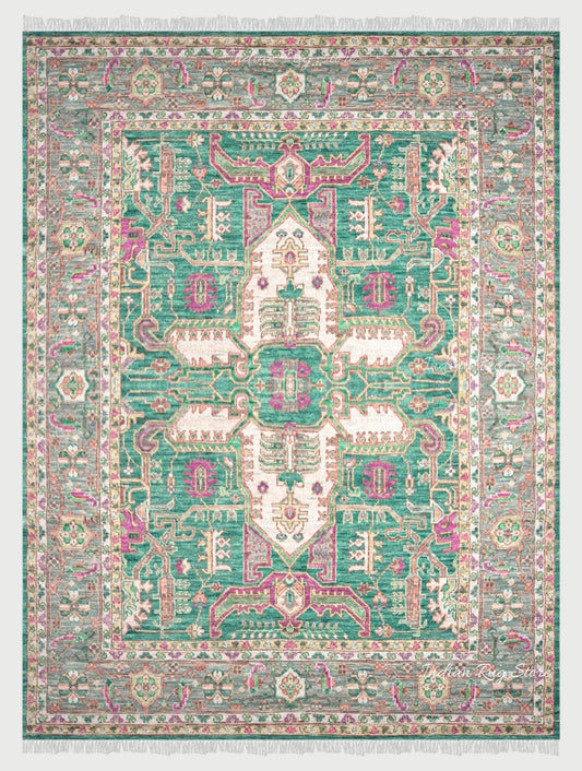 Green and Pink Hand Knotted Wool Living Room Area Rug