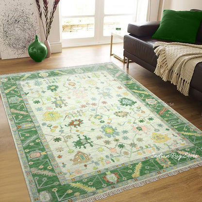 Oushak for Living Room Hand Knotted Green Wool Rug