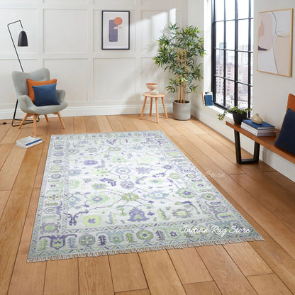 Hand Knotted Blue Oushak Wool Outdoor Rug