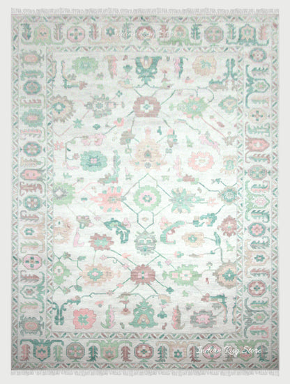 Hand Knotted Beautiful Green Oushak Wool Rug