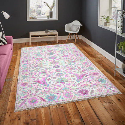 Pink And Green Multicolor Traditional Oushak Dining Room Rug