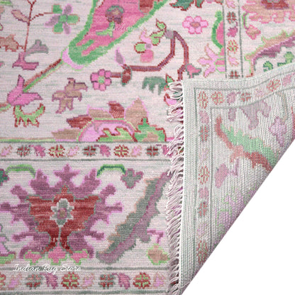 Pink And Green Multicolor Traditional Oushak Dining Room Rug