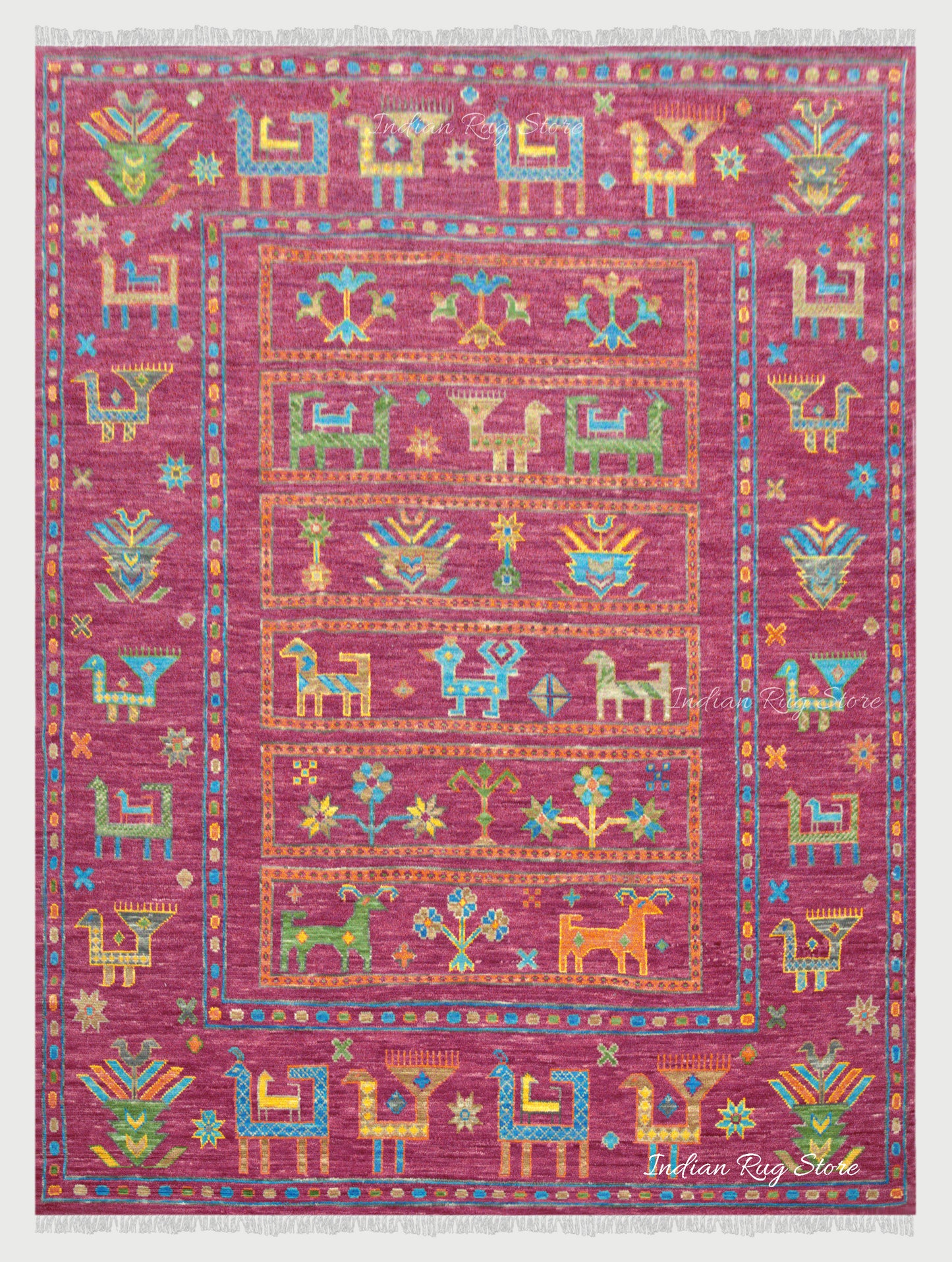 Hand Knotted Wool Magenta Multicolor Living Room Rug