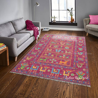 Hand Knotted Wool Magenta Multicolor Living Room Rug