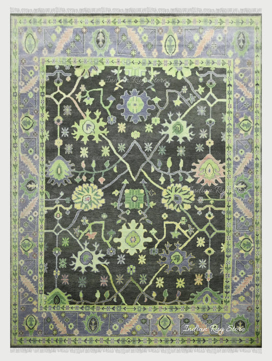 Green Hand Knotted Modern Oushak Bedroom Wool Rug