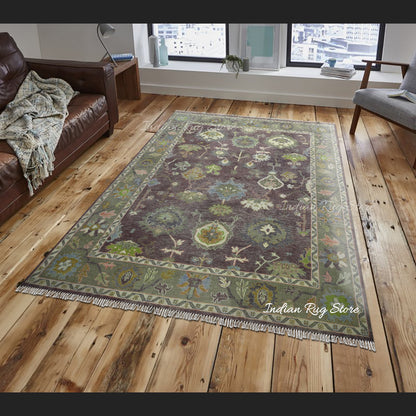 Green Hand Knotted Modern Oushak Bed Room Wool Rug