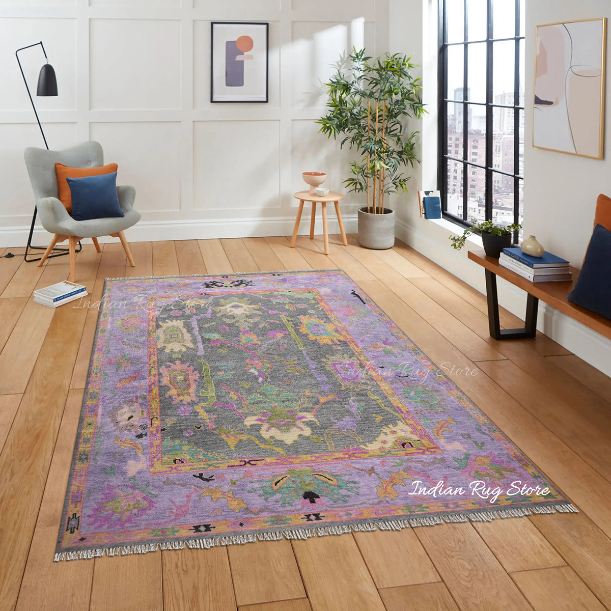 Multicolor Hand Knotted Modern Oushak Bedroom Wool Rug