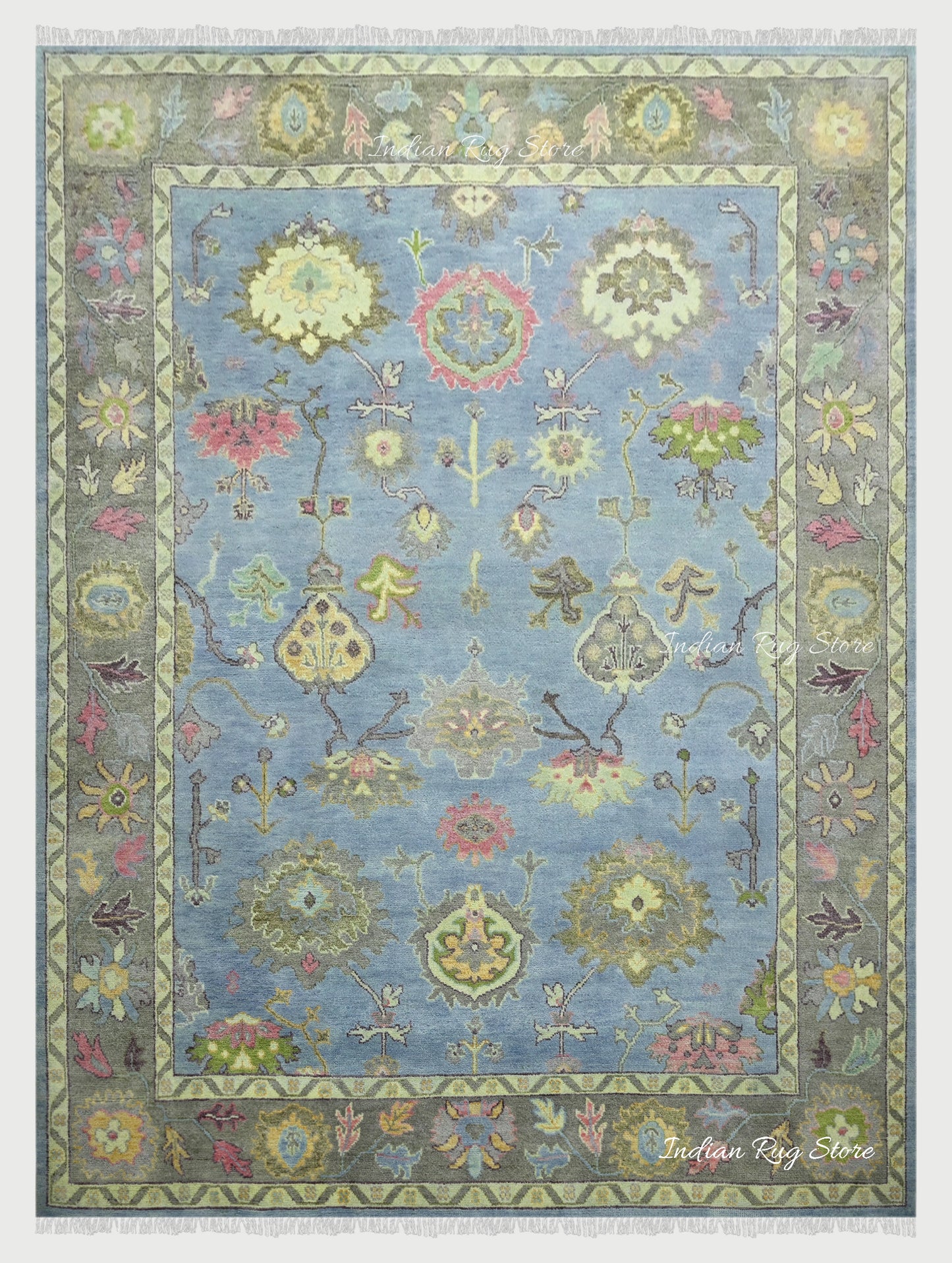 Natural Green and Blue Handmade Oushak Wool Rug