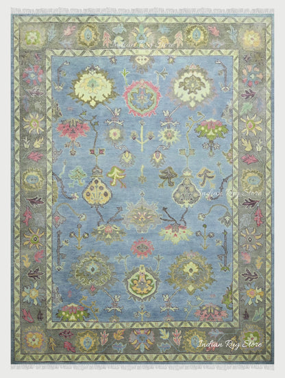 Natural Green and Blue Handmade Oushak Wool Rug