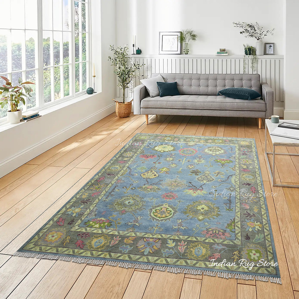 Natural Green and Blue Handmade Oushak Wool Rug