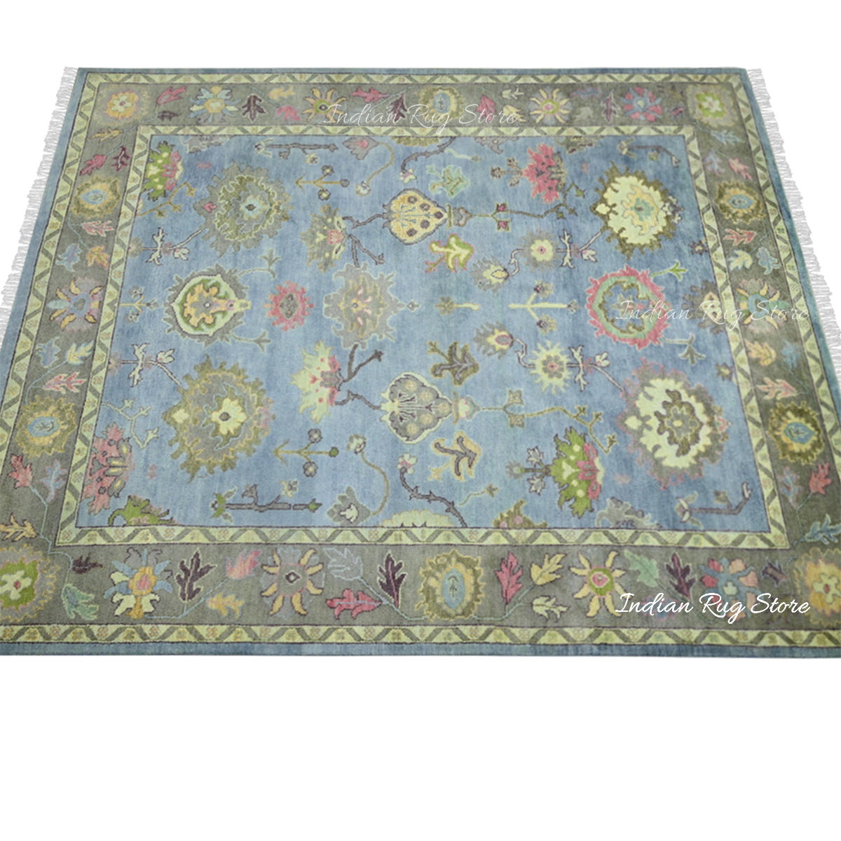 Natural Green and Blue Handmade Oushak Wool Rug