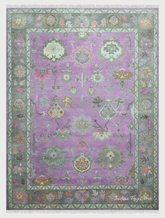 Natural Purple Handmade Oushak Wool Area Rug