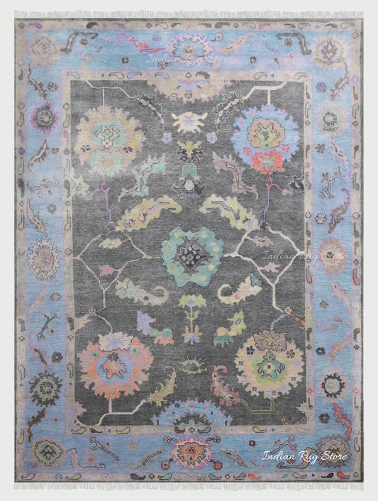 Blue Hand Knotted Modern Oushak Bed Room Wool Rug