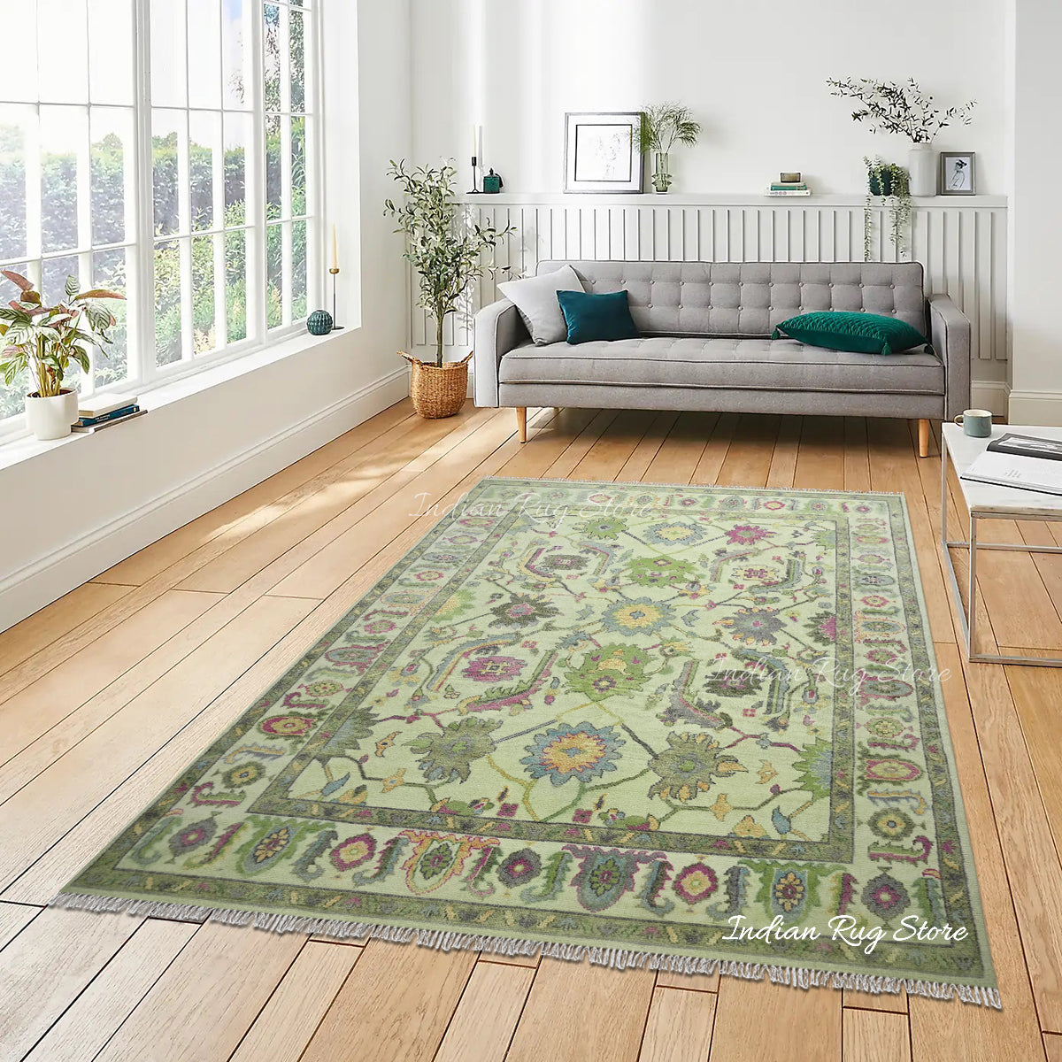 Green Oushak Wool Traditional Hand Knotted Bedroom Rug